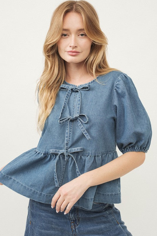 Short Sleeve Tie Front Top- Denim – Evelyn Rose Boutique