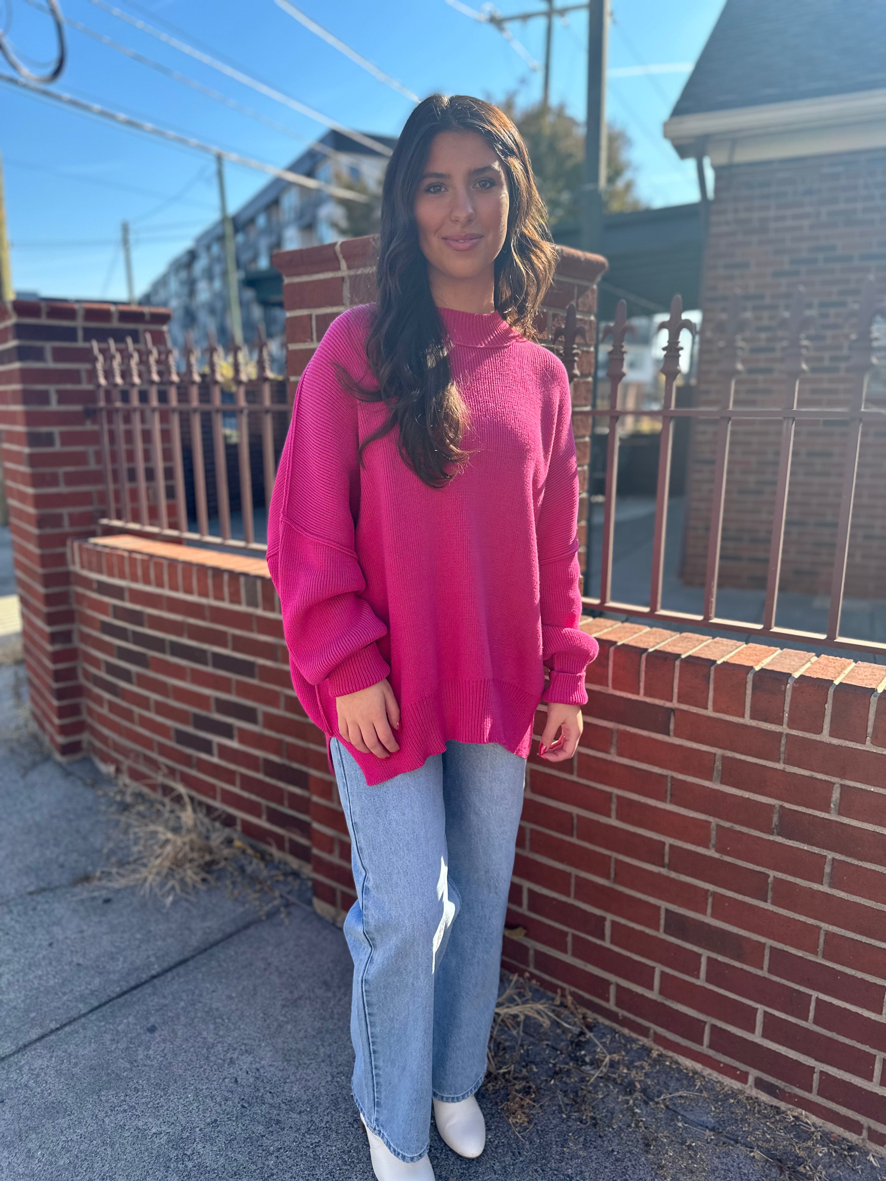 Hot pink 2025 sweater outfit ideas