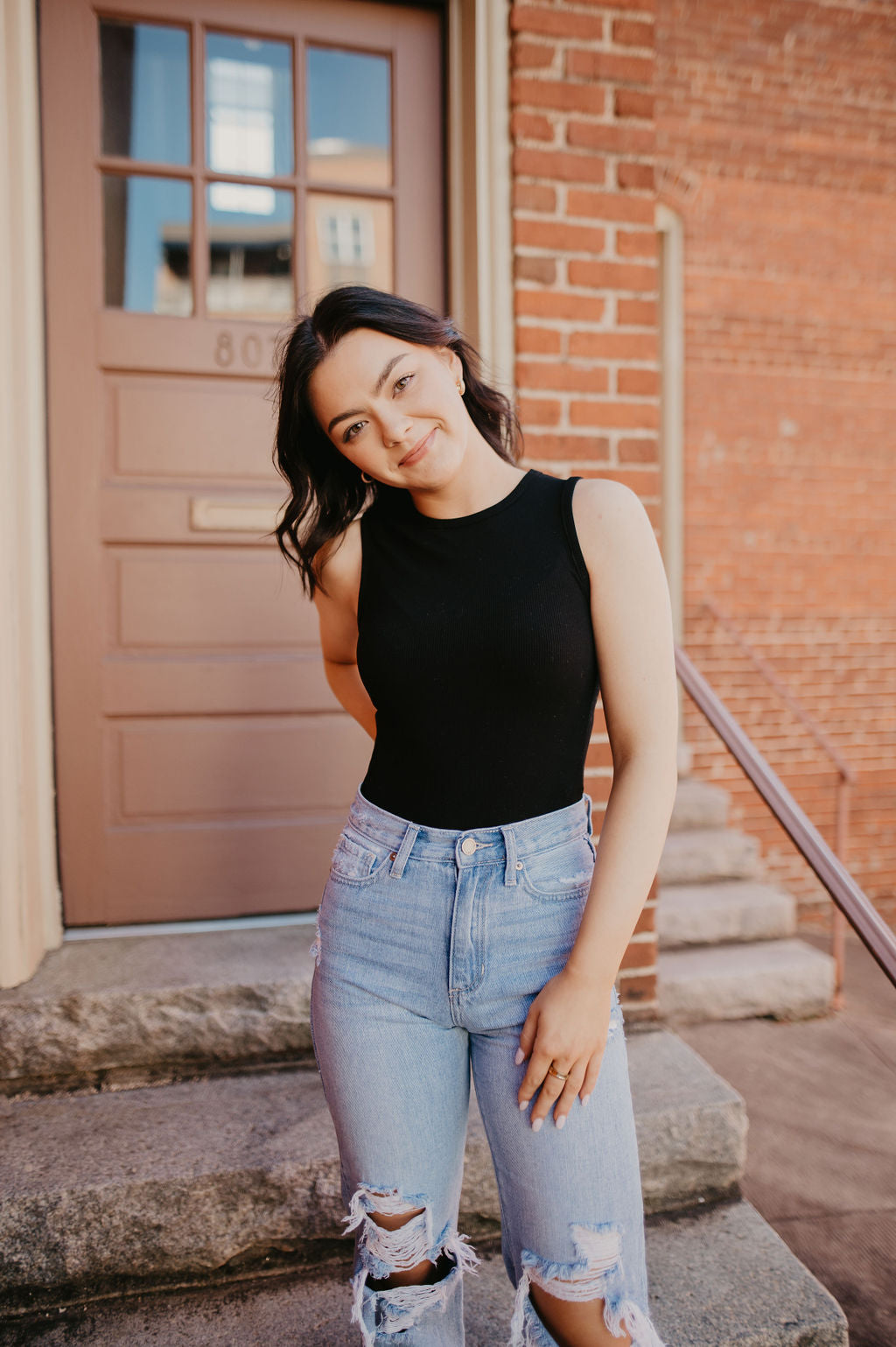 Ripped Jeans And Black Tank Top Madalynn Bodysuit-Black