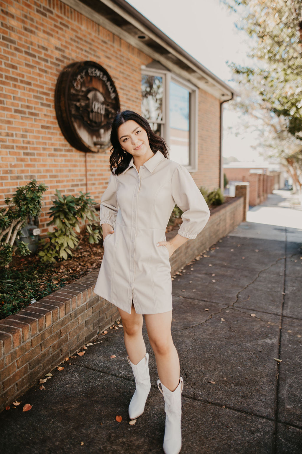 Leighton Faux Leather Dress- Beige Evelyn Rose Boutique Leighton Faux Leather Dress- Beige Evelyn Rose Boutique