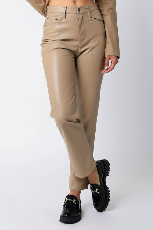 City Girl Faux Leather Pants- Taupe
