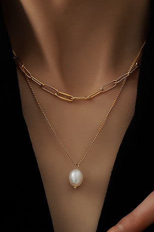 Paperclip Chain Multi Layer Necklace with Pearl Drop