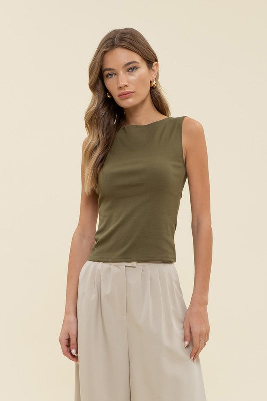 Boat Neck Knit Top- Olive