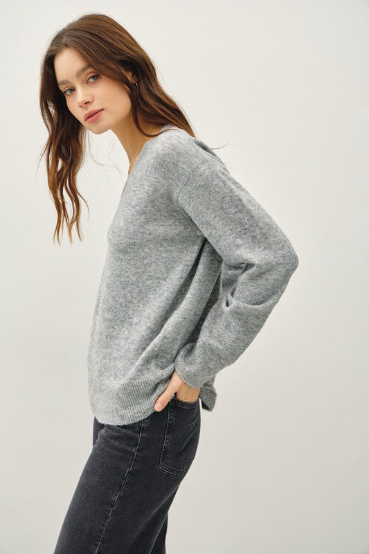 Relaxed V-Neck Sweater- Heather Grey