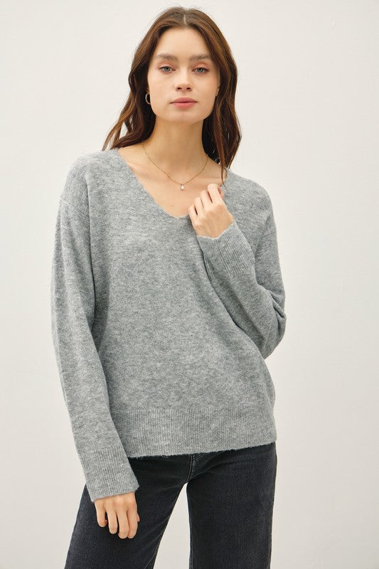 Relaxed V-Neck Sweater- Heather Grey