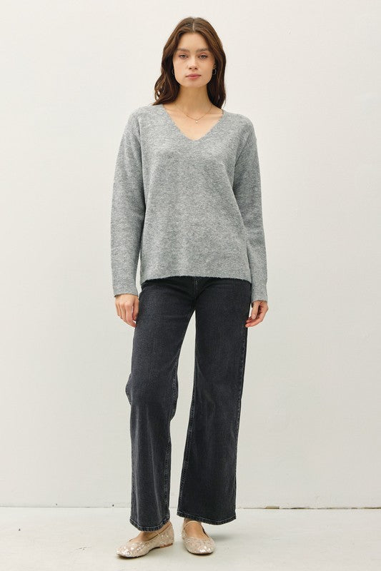 Relaxed V-Neck Sweater- Heather Grey