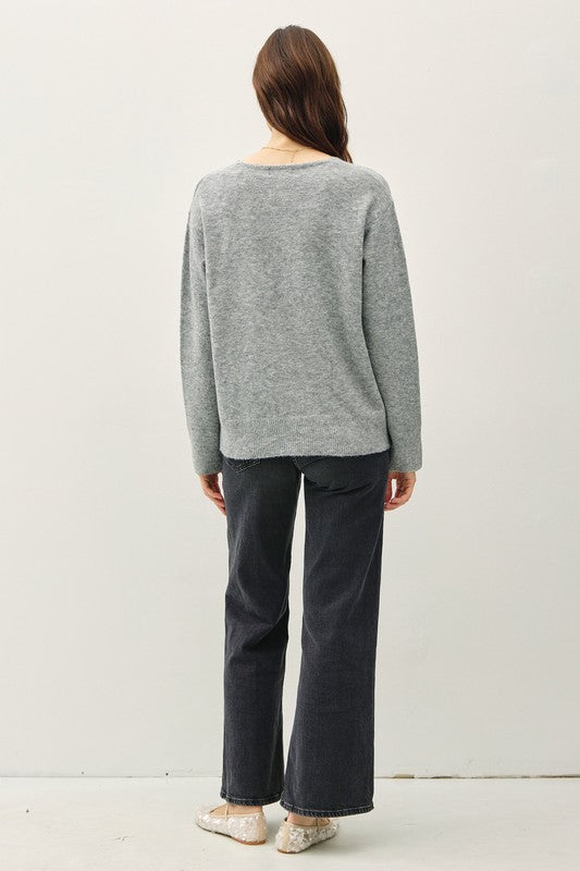 Relaxed V-Neck Sweater- Heather Grey