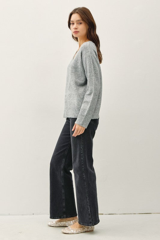 Relaxed V-Neck Sweater- Heather Grey