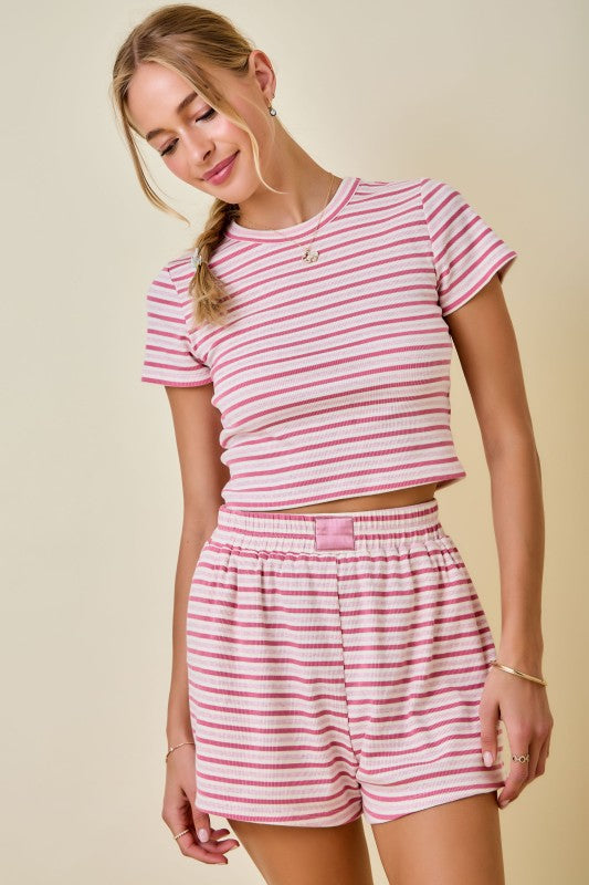 Striped Ribbed Fitted Crop Lounge Top