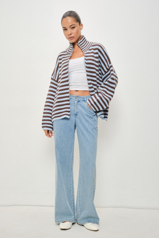 Striped Mocked Neck Zip Up Jacket