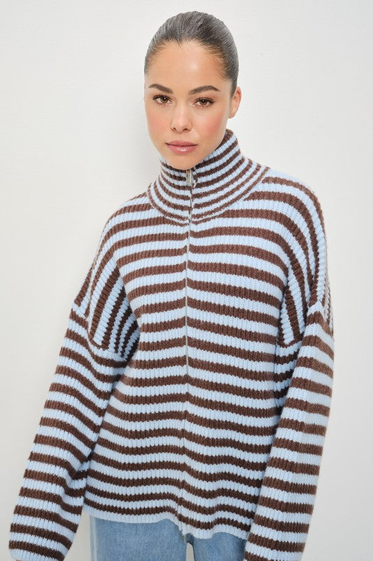 Striped Mocked Neck Zip Up Jacket