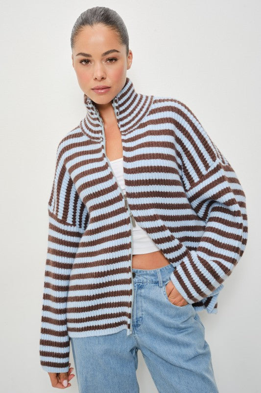 Striped Mocked Neck Zip Up Jacket