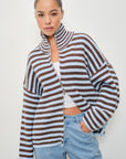 Striped Mocked Neck Zip Up Jacket