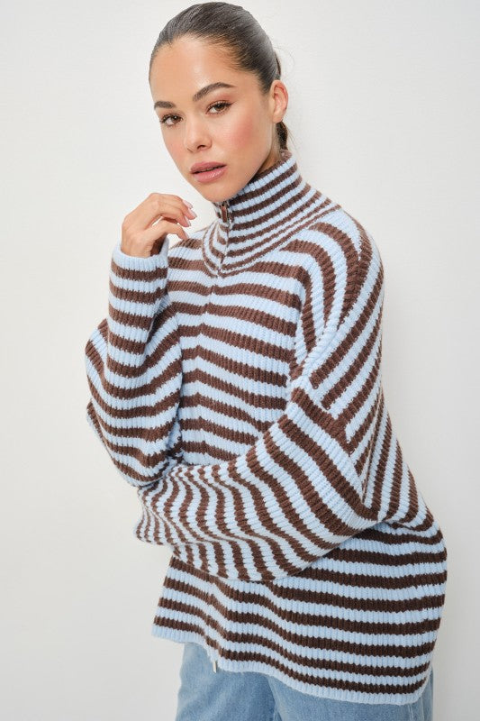 Striped Mocked Neck Zip Up Jacket