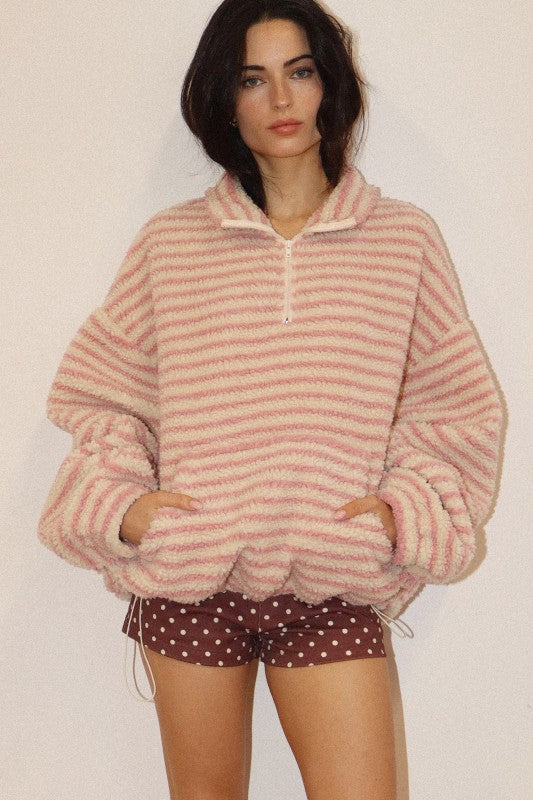 Sherpa Pullover- Cream/Pink Stripe