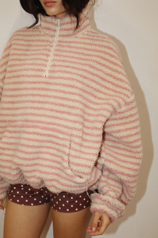 Sherpa Pullover- Cream/Pink Stripe
