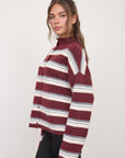 Stripe Rolled Neck Knit Cardigan- Oxblood Multi