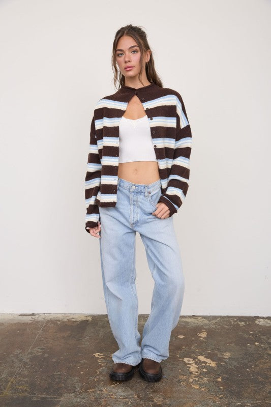 Stripe Rolled Neck Knit Cardigan- Brown Multi