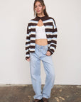 Stripe Rolled Neck Knit Cardigan- Brown Multi
