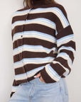 Stripe Rolled Neck Knit Cardigan- Brown Multi
