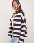 Stripe Rolled Neck Knit Cardigan- Brown Multi
