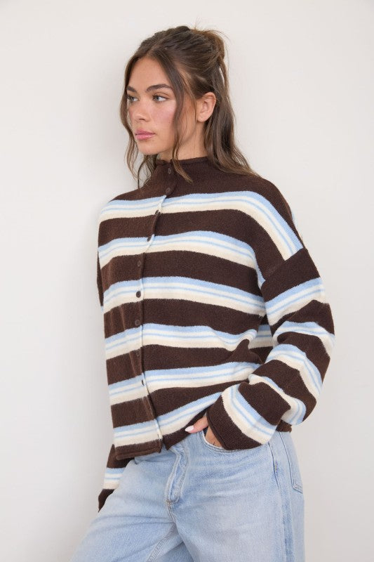 Stripe Rolled Neck Knit Cardigan- Brown Multi