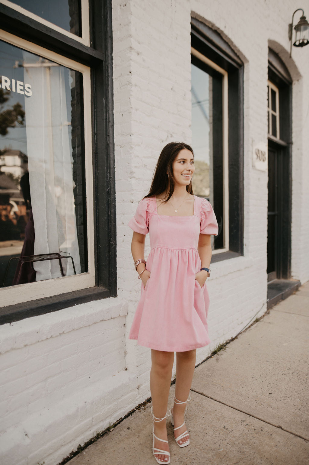 Washed Denim Puff Sleeve Dress- Pink