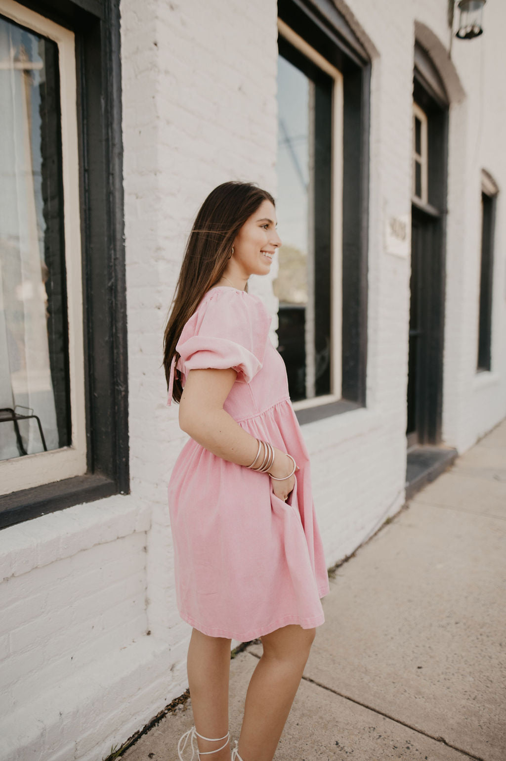 Washed Denim Puff Sleeve Dress- Pink