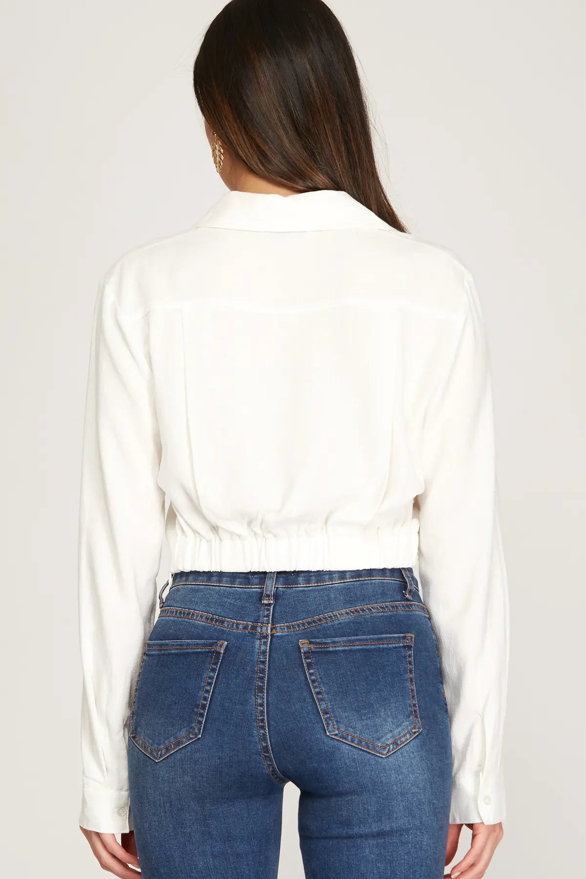 Long Sleeve Collared Crop Shirt- White