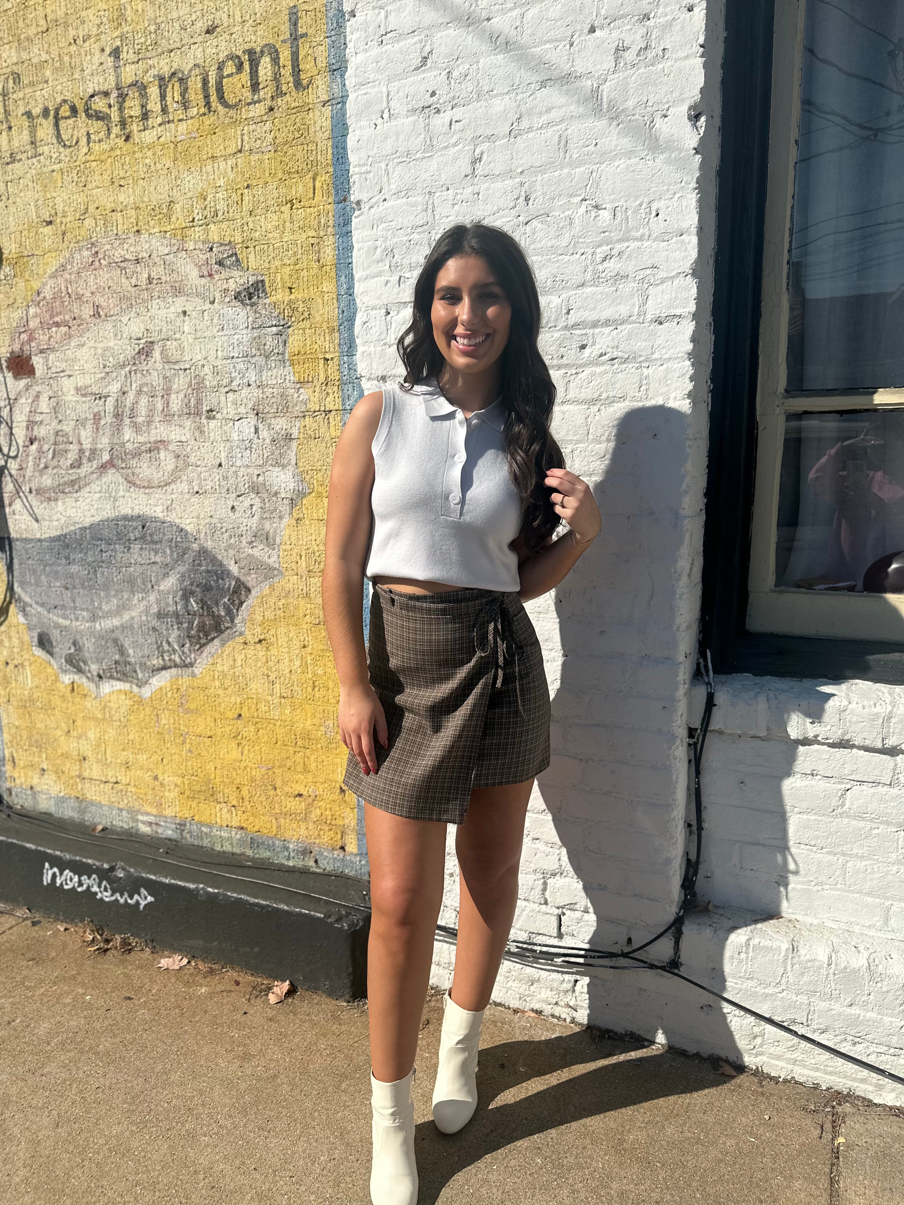 Grey plaid sales wrap mini skirt