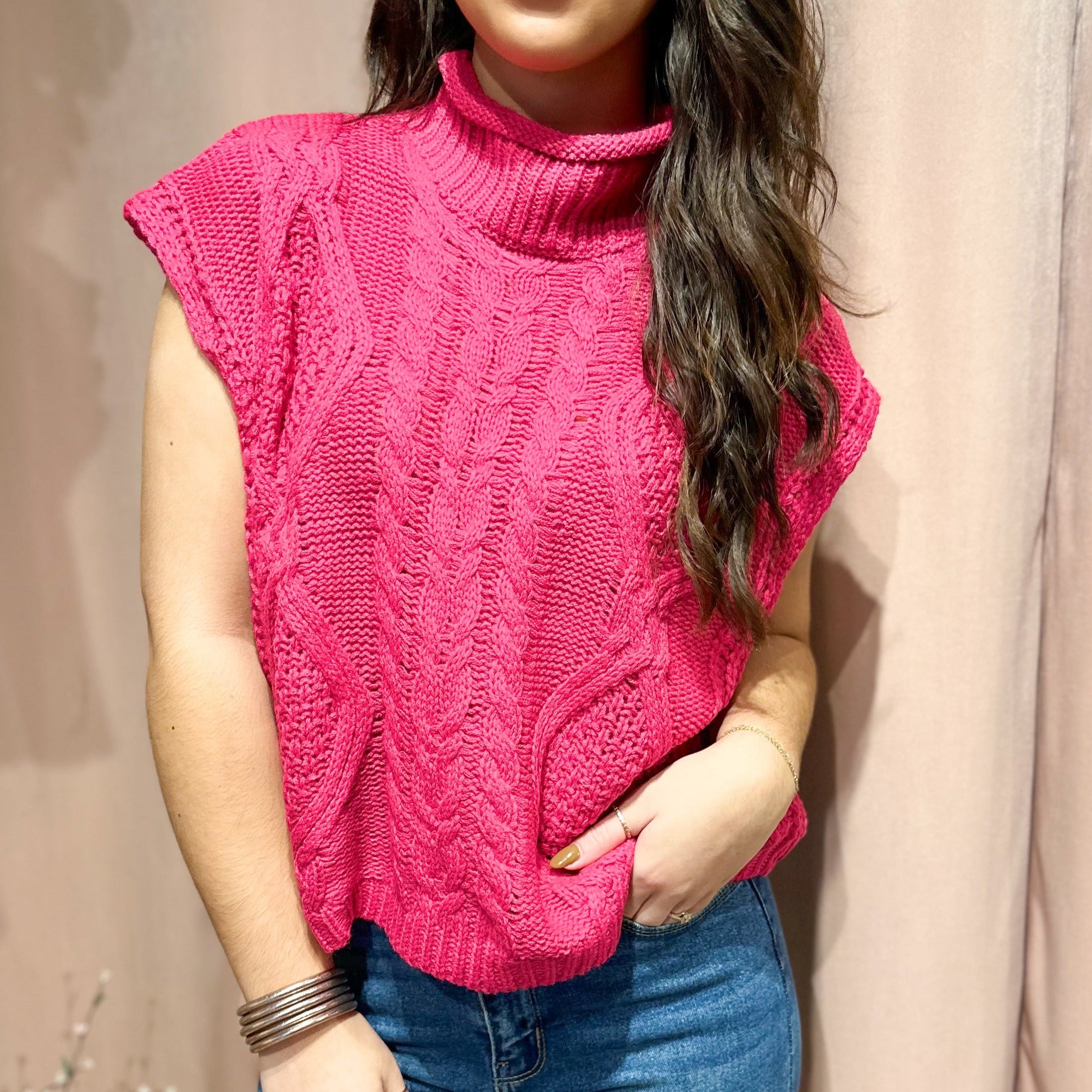 Cable Knit Sweater Vest- Fuchsia