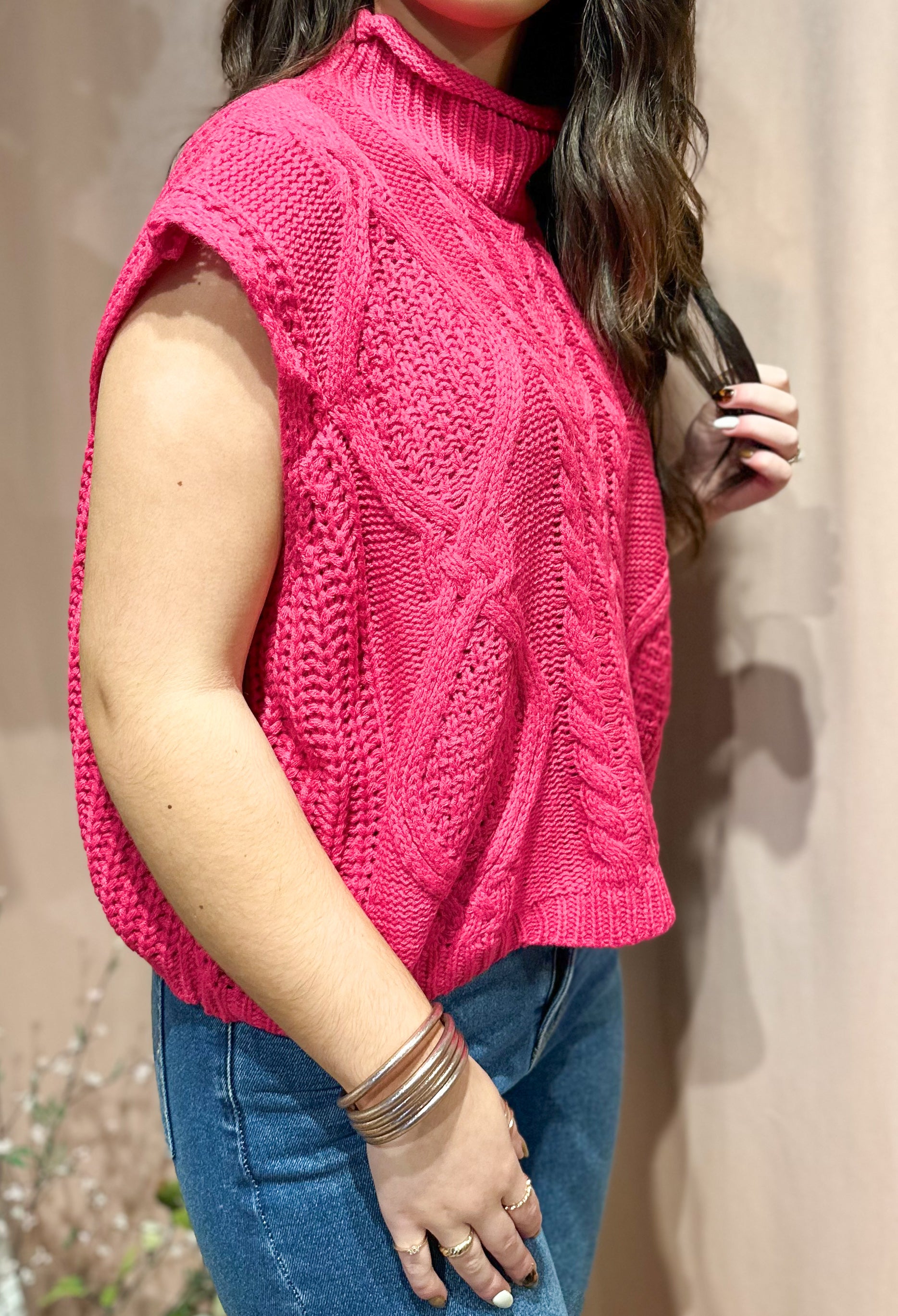 Cable Knit Sweater Vest- Fuchsia