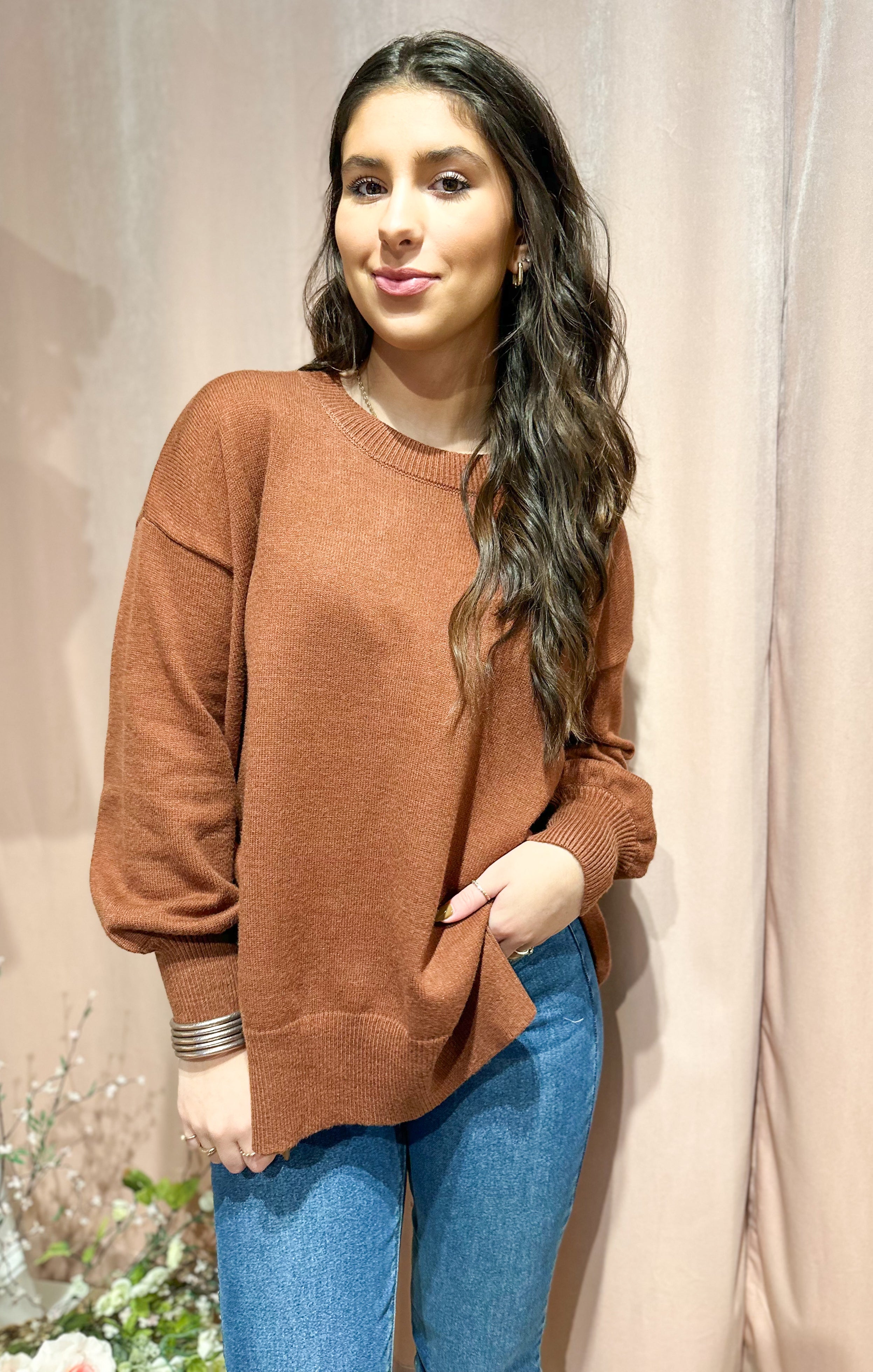Side Slit Sweater- Brown