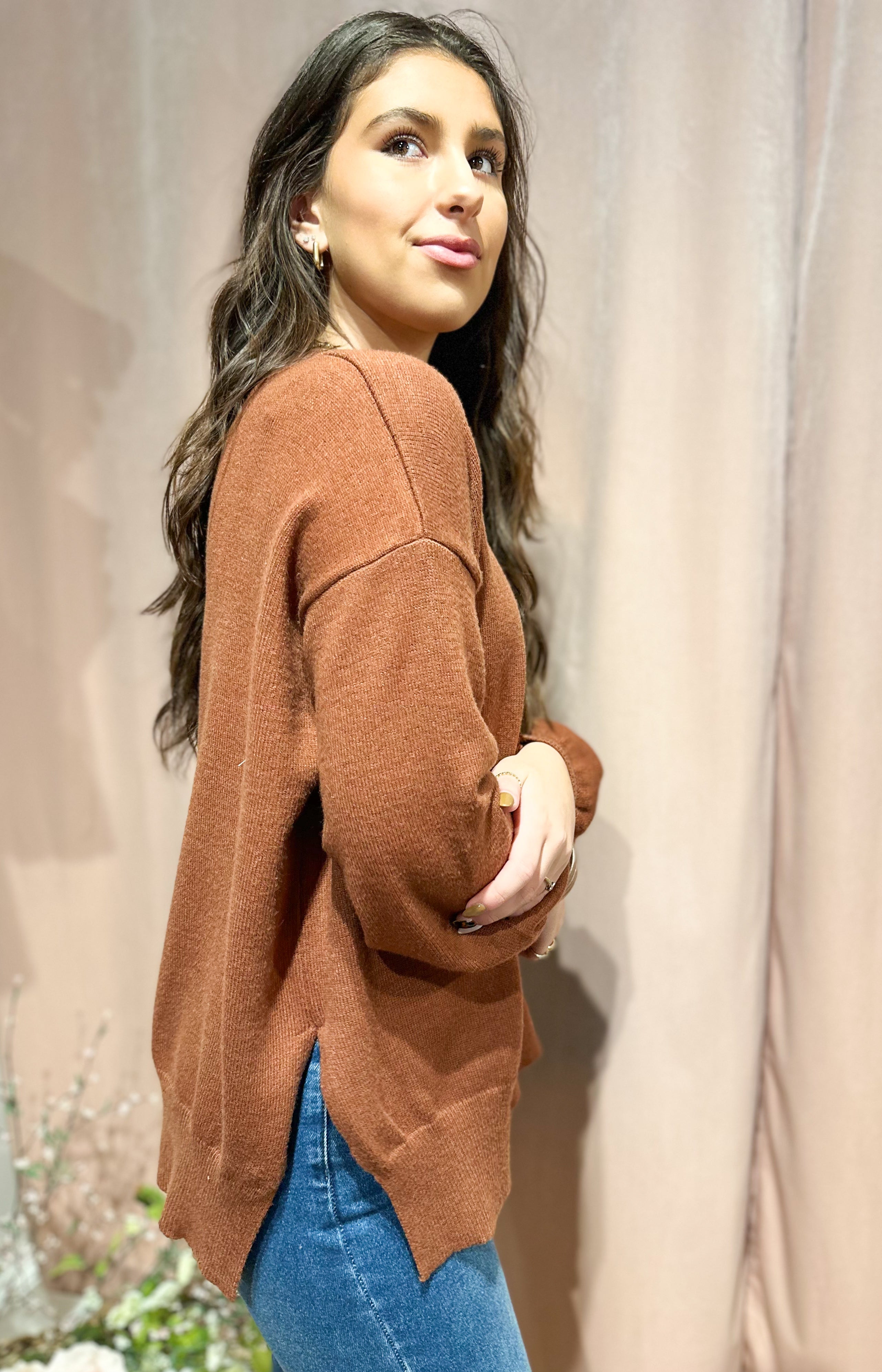 Side Slit Sweater- Brown