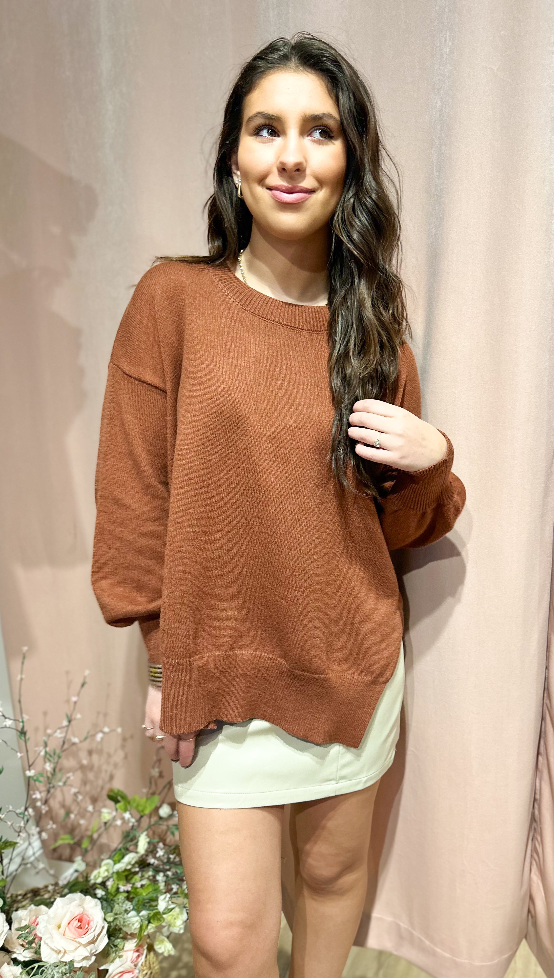 Side Slit Sweater- Brown