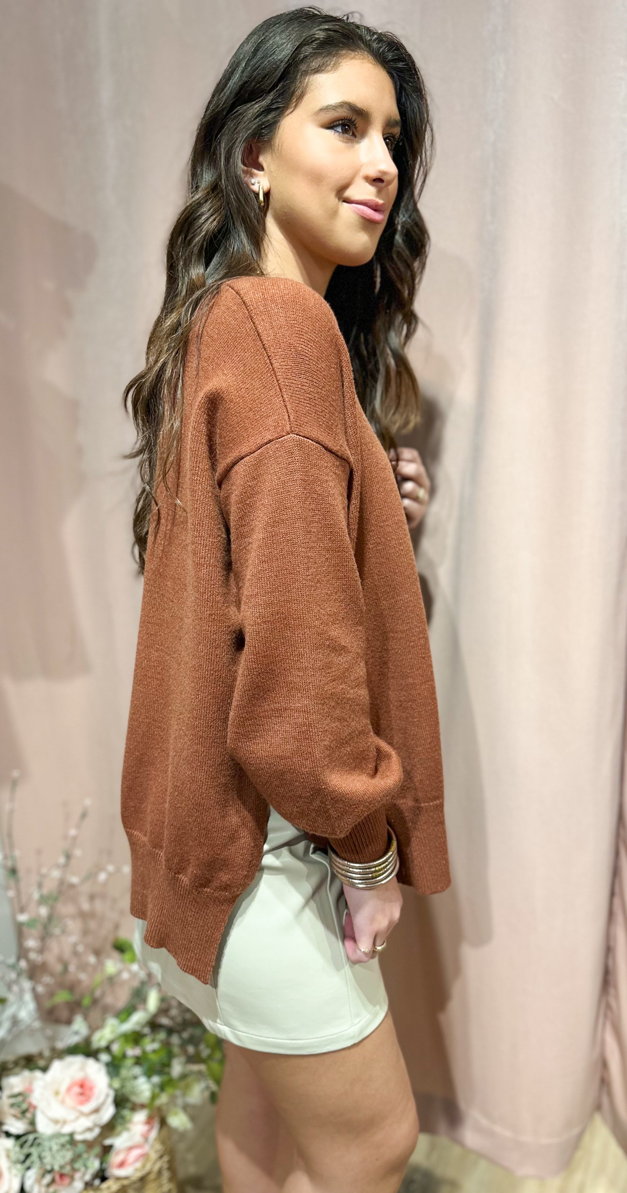 Side Slit Sweater- Brown