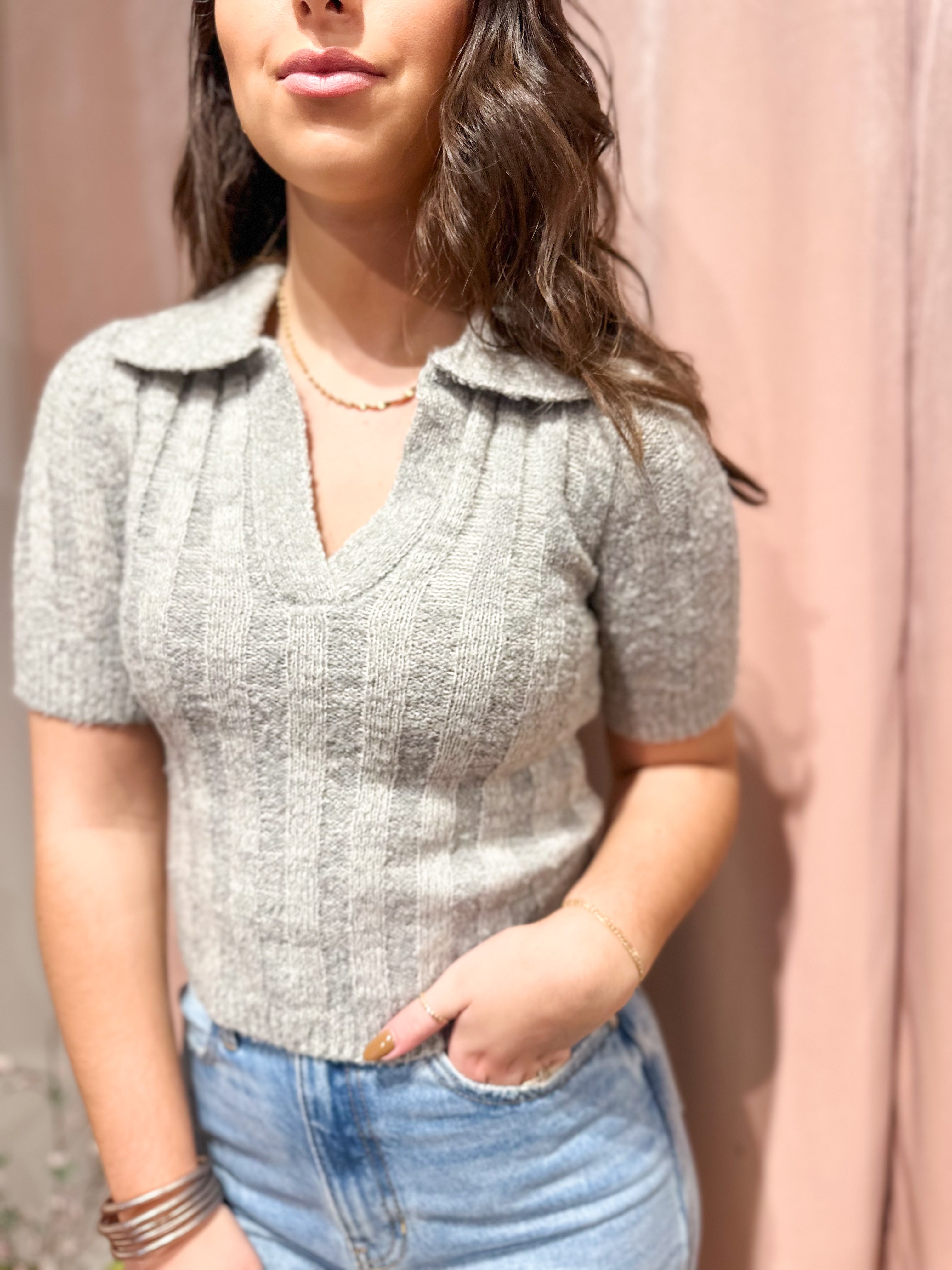 Grey Collared Knit Top