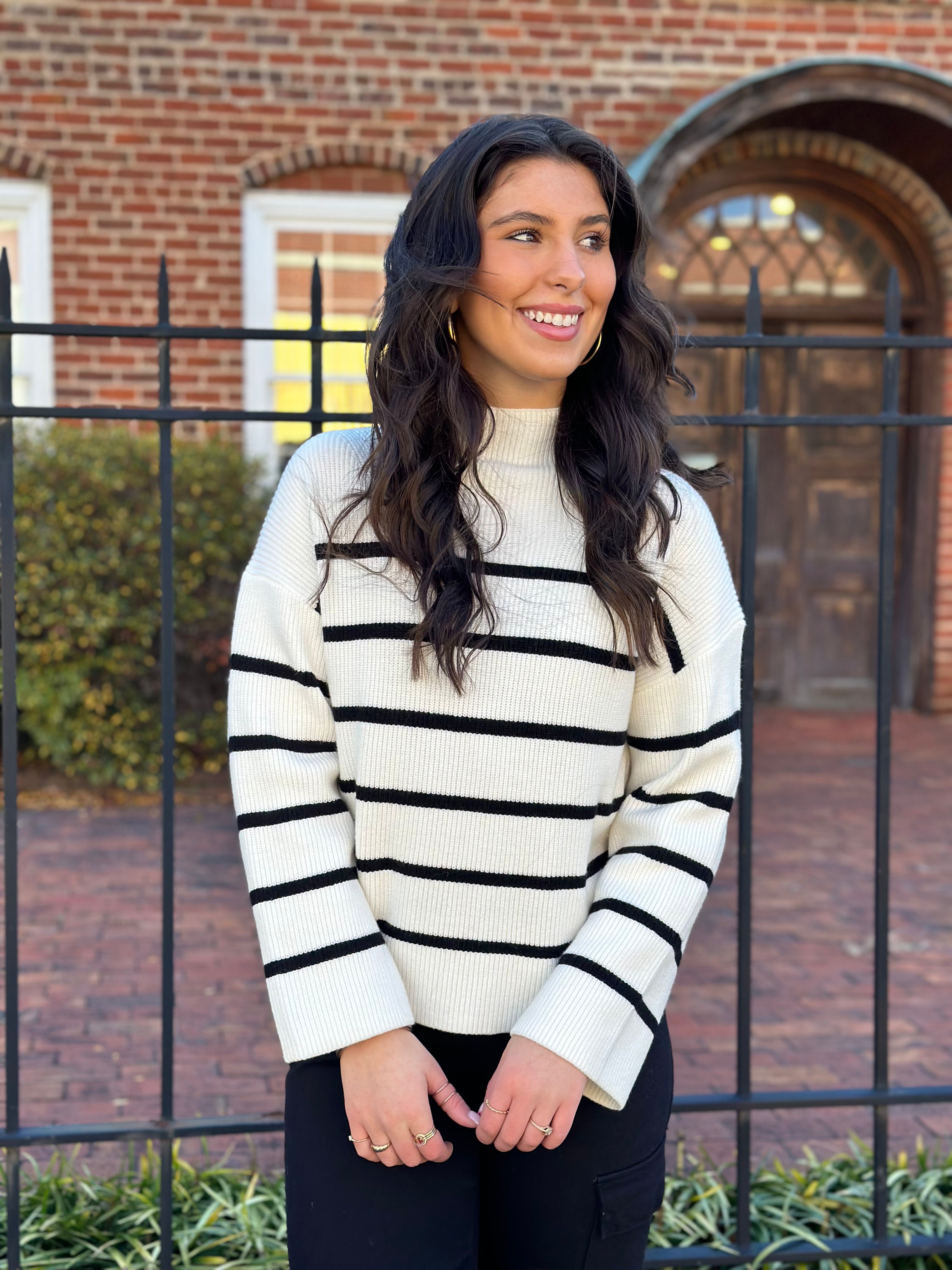 Striped Mock Neck Sweater- Ivory