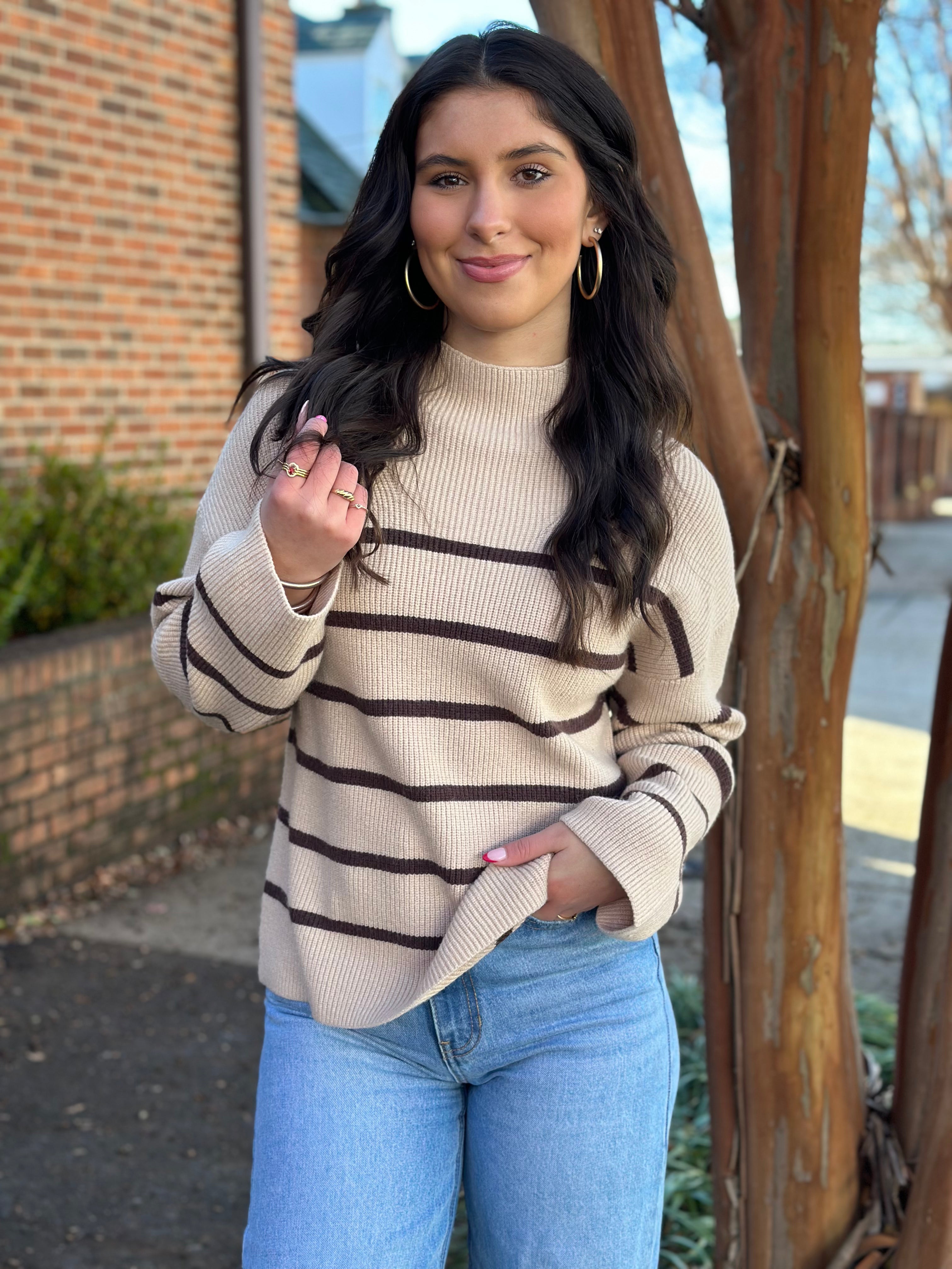 Striped Mock Neck Sweater- Beige