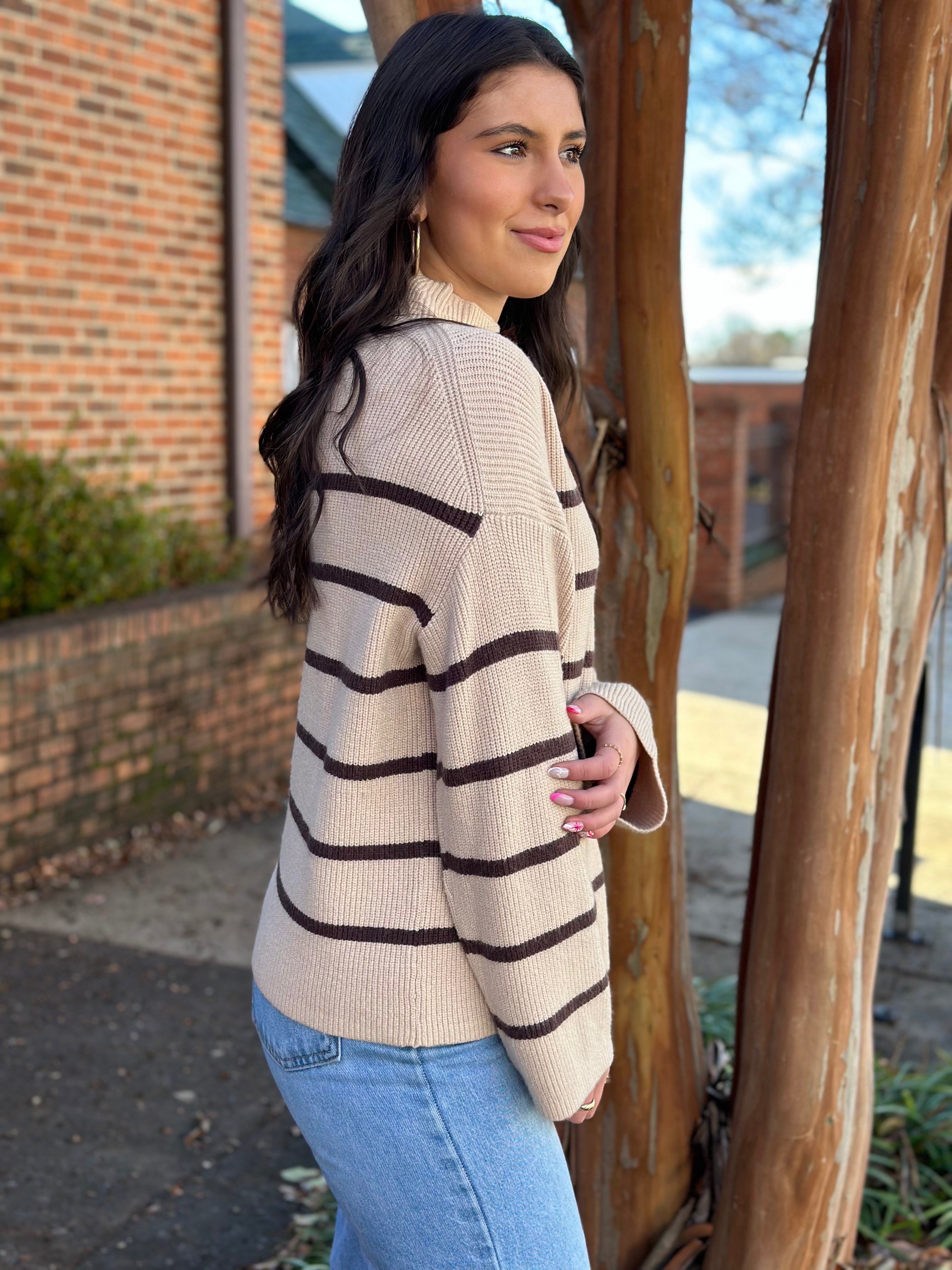 Striped Mock Neck Sweater- Beige