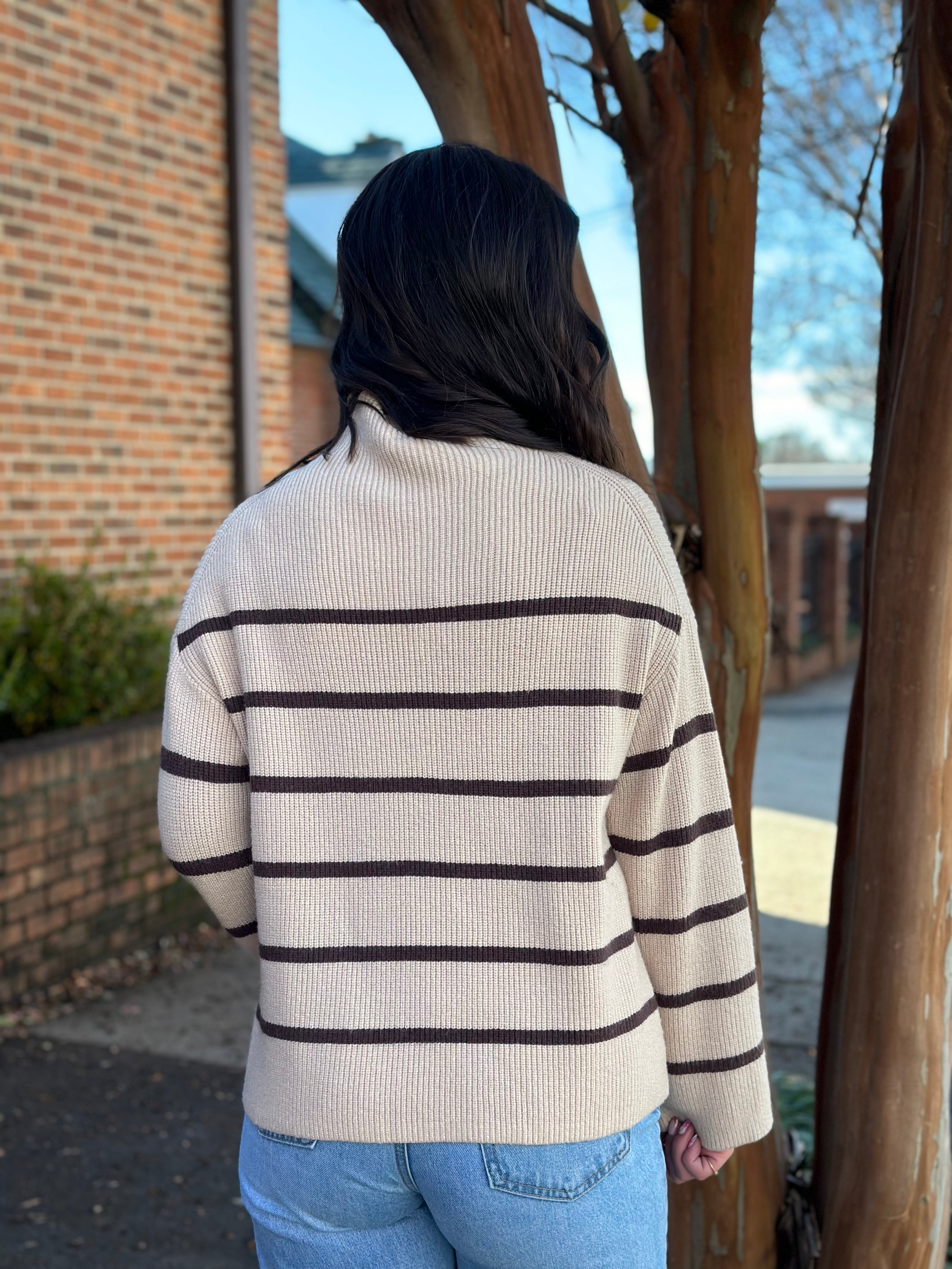 Striped Mock Neck Sweater- Beige