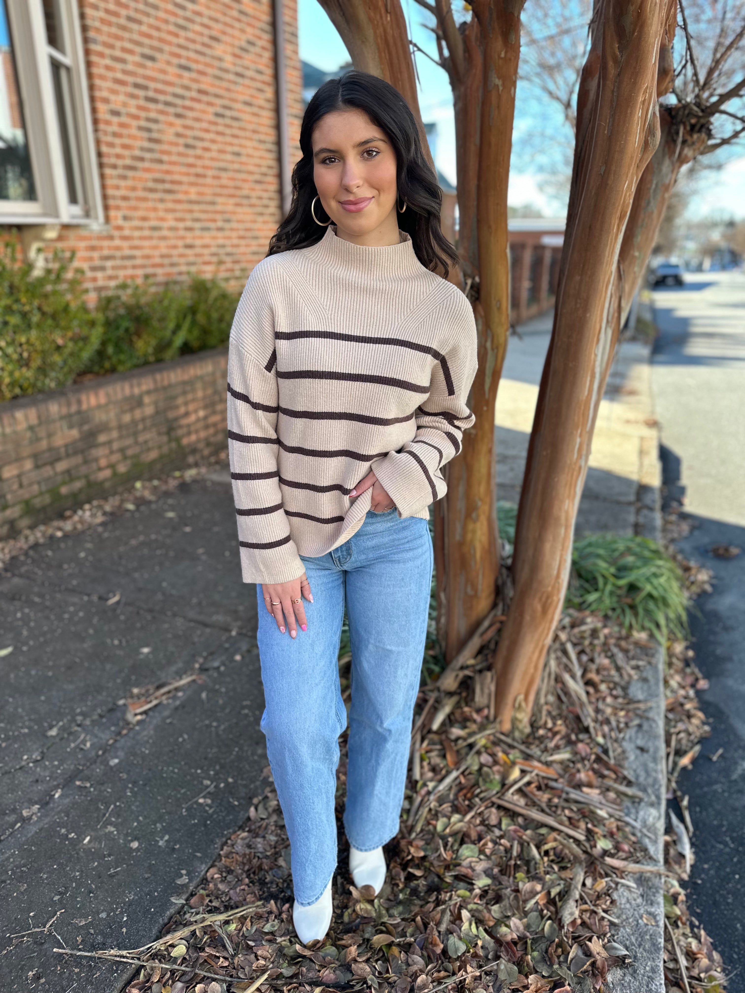 Striped Mock Neck Sweater- Beige