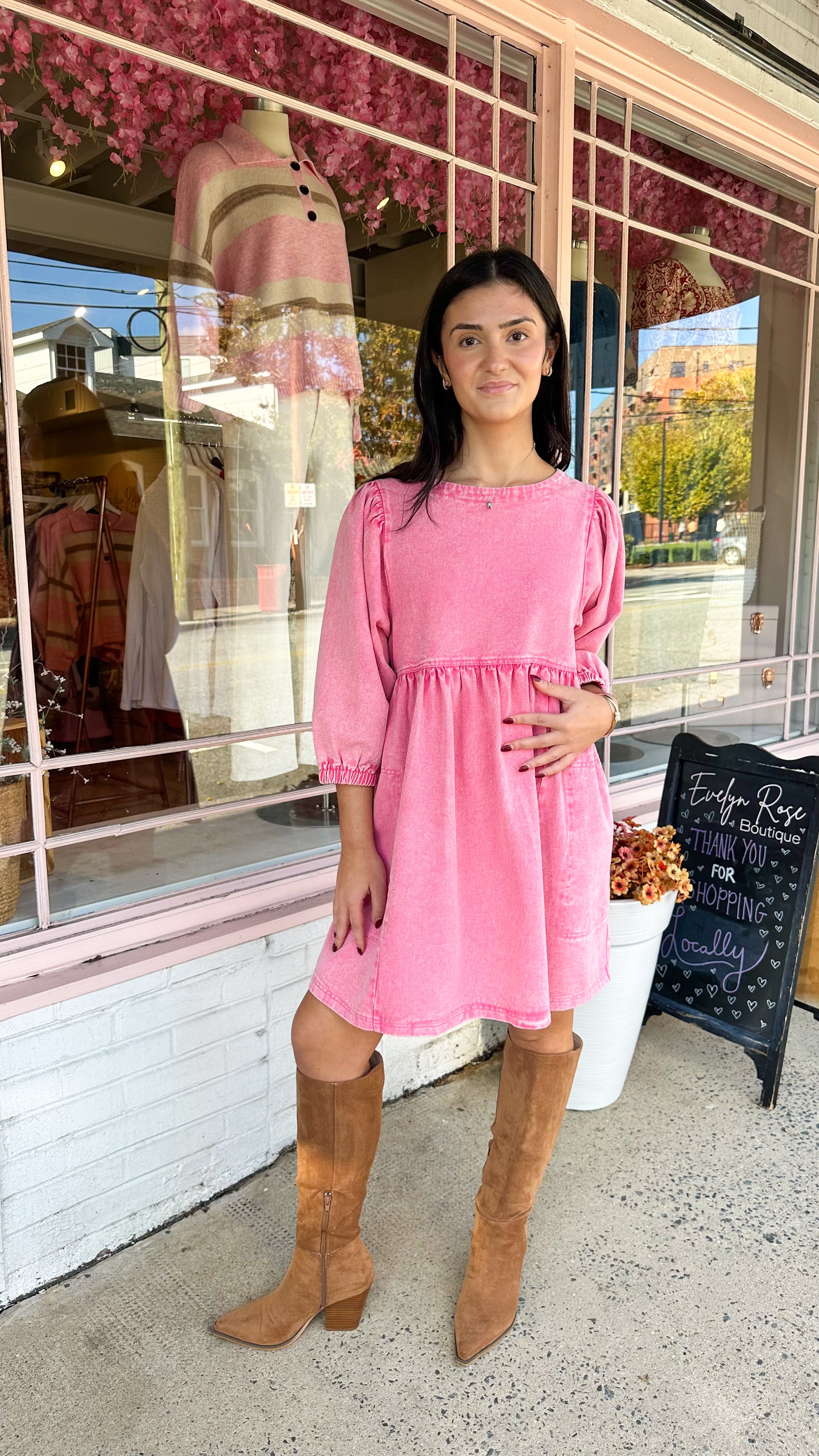 3/4 Sleeve Denim Babydoll Dress- Pink