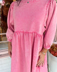3/4 Sleeve Denim Babydoll Dress- Pink