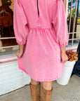 3/4 Sleeve Denim Babydoll Dress- Pink