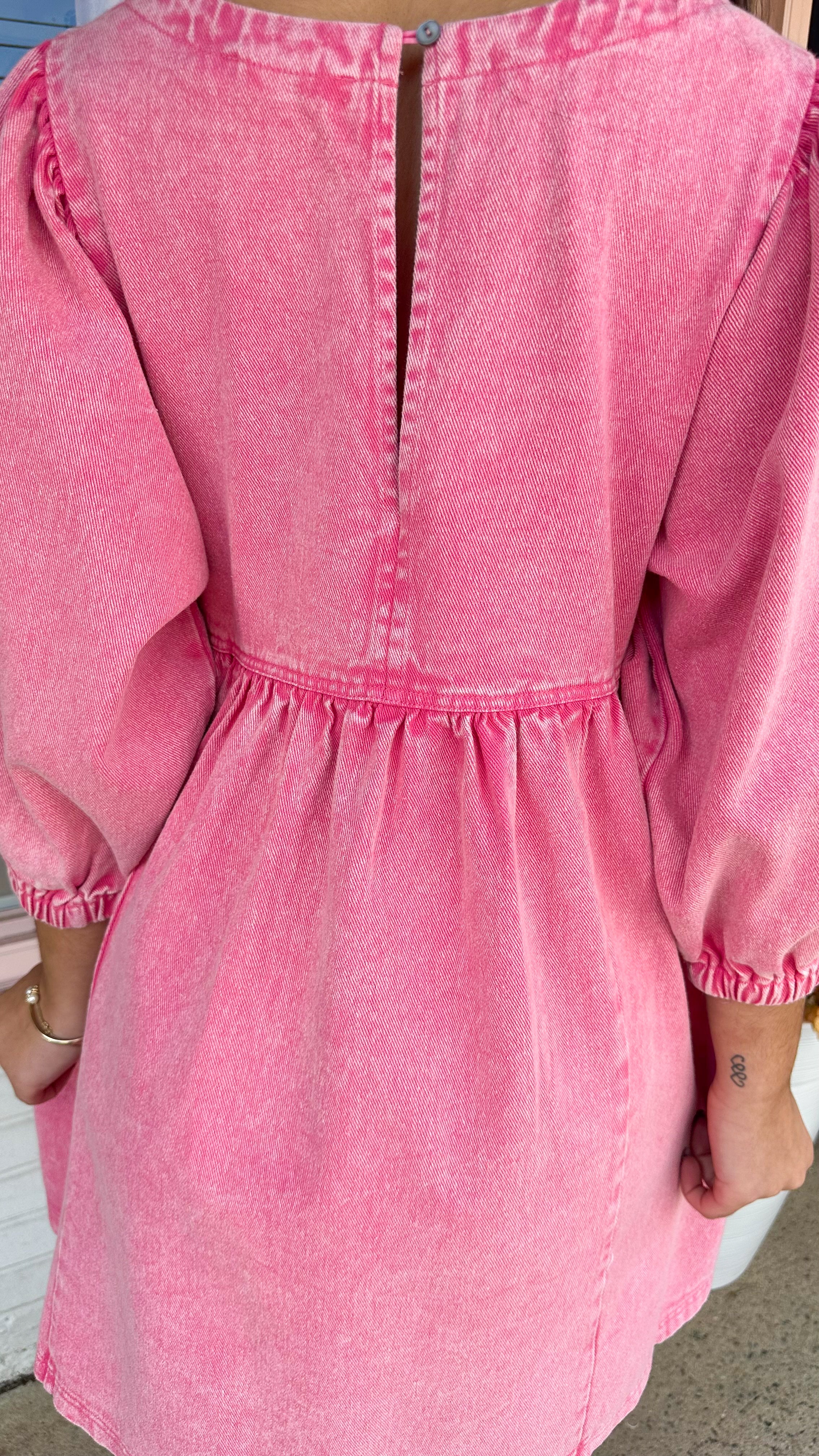 3/4 Sleeve Denim Babydoll Dress- Pink